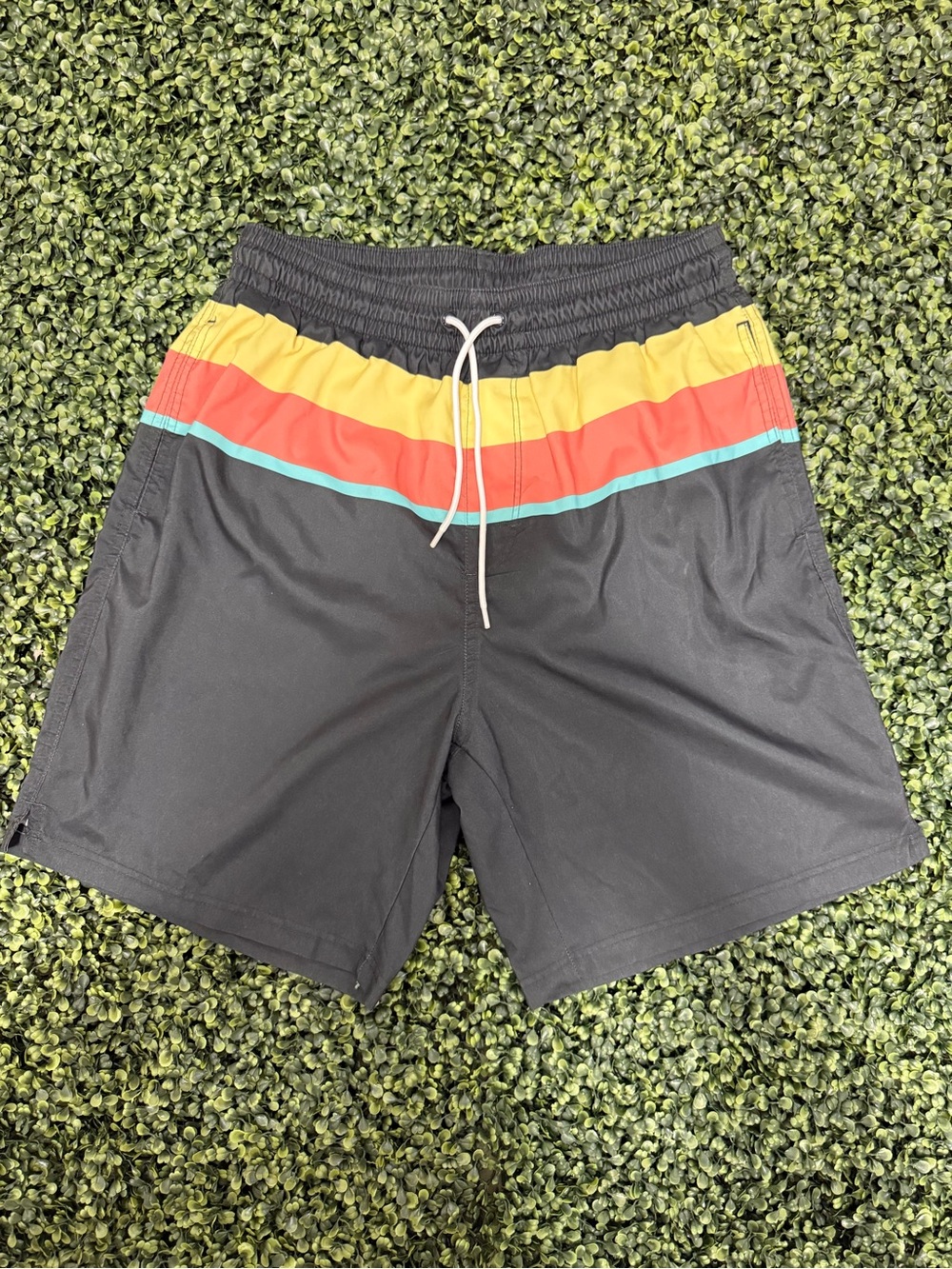 Old Navy Men's Black Swim Trunks with Yellow, Coral & Teal Stripes